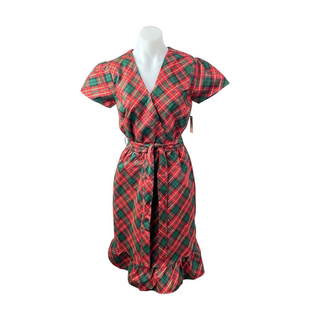 New Gymboree Women's Red Plaid Short Sleeve Tie Waist A Line Midi Dress Size S